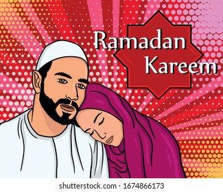 
Illustration of the holy Ramadan Kareem. Against the background of a happy married couple, observing the traditions of scripture. For Eid Mubarak days. Ramadan Kareem greeting card in pop art style.