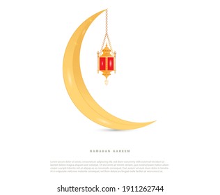 illustration of holy Ramadan Kareem with Islamic symbol crescent with Arabic pattern and lantern for Eid Mubarak days. Greeting card of Ramadan Kareem.