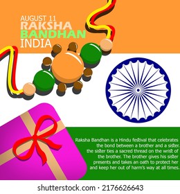 Illustration of holy thread accessories and gifts with Indian flag and bold text with sentences to commemorate the culture of the Raksha Bandhan festival on 11 august in India