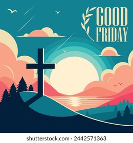 Illustration for Holy week good friday in a mountain and sunset