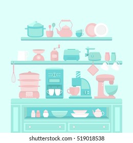 Illustration of home appliances and utensils. Collection of vector elements: coffee machine, blender, toaster, juicer, steamer, scale, coffee mill, meat grinder, pan, plates, kettle, cup and other.