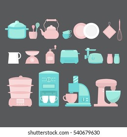 Illustration of home appliances and utensils. Collection of vector elements: coffee machine, blender, toaster, juicer, steamer, scale, coffee mill, meat grinder, pan, plates, kettle, cup and other.
