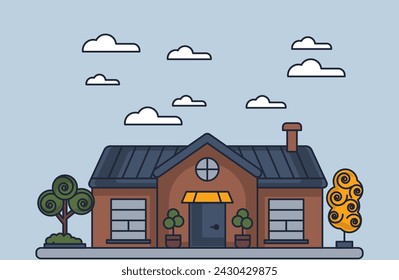 Illustration home building vector line art. House architecture outline and design concept construction apartment graphic. Exterior drawing real estate and landscape contour