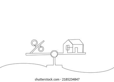 Illustration Of Home And Cube Block Shape With Icon Percent On Scales. Interest Rate Concept. One Line Art Style
