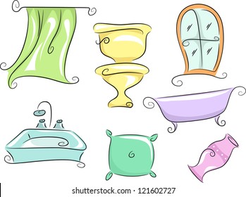 Illustration of Home Furnishings Featuring a Shower Curtain, a Toilet Bowl, a Bath Tub, a Pillow, a Vase, a Lavatory, and a Window