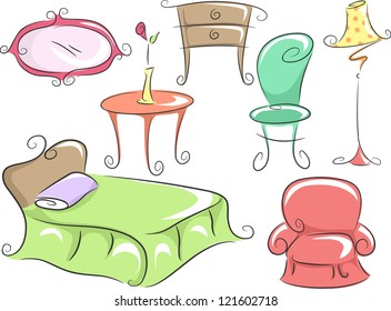 Illustration of Home Furniture Featuring a Bed, a Corner Table, a Chair, a Dresser, a Lampshade and a Mirror