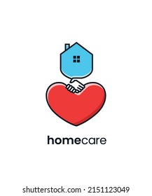 Illustration of home with hand and heart line art monoline style. Home care logo icon design concept vector template