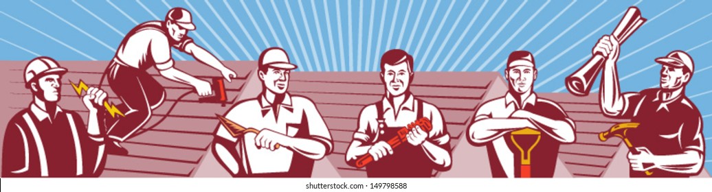 Illustration of home improvement professionals showing an electrician, roofer ,construction worker roofing ,tiler,plasterer,masonry worker,plumber, gardener, landscaper builder carpenter retro style.