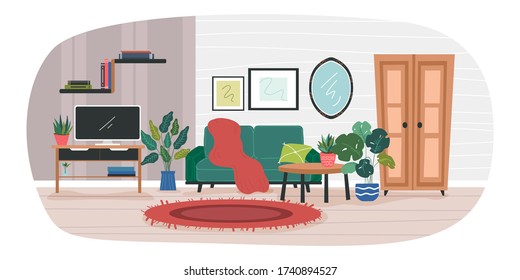 Illustration of the home interior. Living room decorated with office electronics, television, mirror, pictures, books, houseplants. Modern furniture and shapes. Vector, bright and trendy illustration.