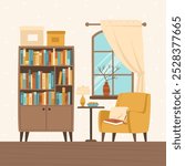 Illustration of home library with cozy armchair near window. Bookcase, armchair, window, books, table lamp. Flat vector illustration.