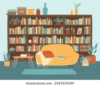 Illustration der Hausbibliothek mit gemütlichem Sofa in der Nähe des Bücherregals. Bücherregal, Sofa, Bücher, Zimmerpflanzen. Flache Vektorgrafik.