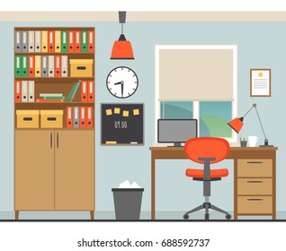 Illustration with home office. Set of modular furniture, appliances and other accessories. Flat style