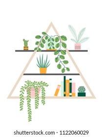 Illustration with home plants on triangle shelf