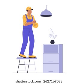 Illustration of a Home Repairman Changing a Lightbulb on a Ladder. Illustration for websites, landing pages, mobile apps, posters and banners