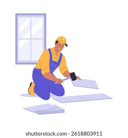 Illustration d'un réparateur de maisons installant des carreaux de sol. Illustration pour sites web, pages de renvoi, applications mobiles, affiches et bannières
