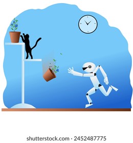 Illustration of a home robot trying to grab a flower that a cat dropped. Vector illustration: a flower in a pot falls from a shelf and flies down, and the robot character runs with his arms
