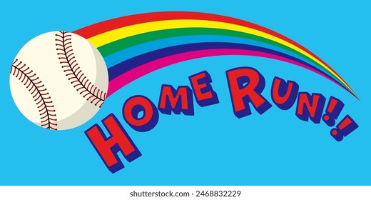 Illustration of a home run letter, a baseball ball, and a rainbow trajectory.