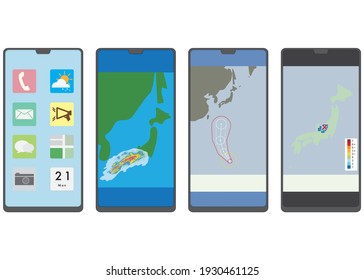 Illustration of the home screen of a smartphone, the course of a typhoon, the rain cloud radar, and the screen of the epicenter.