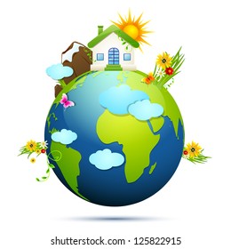 illustration of home and tree around globe showing clean earth