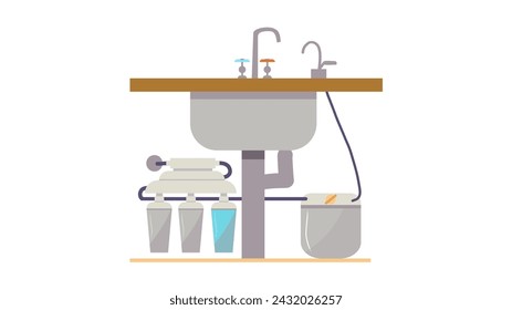 Illustration of home water purification. Flat infographic diagram of a filtration system for home use, filter containers and a plastic water storage tank under the faucet in the kitchen or bathroom.