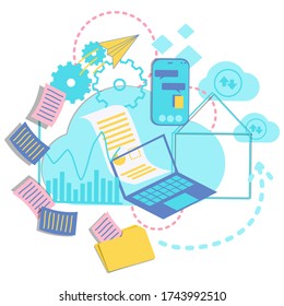 illustration of home working or work from home in pink blue yellow tone color. flat design of digital and cloud technology use for distance working. 