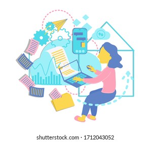 illustration of home working or work from home or social distancing in pink blue yellow tone color. flat design of digital and cloud technology use for distance working. woman is working 
 from home