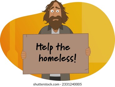 Illustration of homeless man with sign asking for help. Easy to edit. Contained in an curved abstract shape with a gradient background.