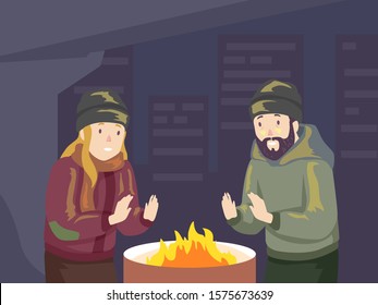 Illustration of a Homeless Man and Woman Warming Up in Front of a Drum Fire Pit During Winter Night