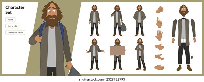 Illustration of homeless refugee man,  in a set of multiple poses. Easy to edit with editable line strokes and isolated on white background. Suitable for animation.