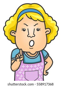Illustration of a Homely Woman in a Pink Apron and Blue Headband Lecturing Her Children While Wagging Her Finger
