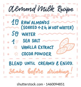 Illustration with homemade almond milk recipe. Organic food design template. Vegetarian nutrition. Vector illustration
