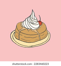 Illustration of homemade sweet dessert pancake with honey and cream in plate