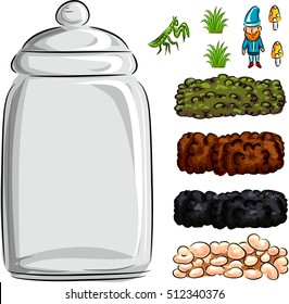 Illustration of a Homemade Terrarium Made from a Glass Jar and Layers of Sod, Mud, Peat, and Pebbles