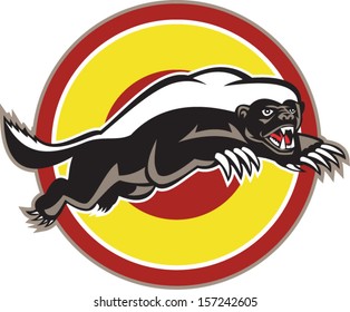 Illustration of a honey badger (Mellivora capensis) mascot also known as ratel leaping viewed from side set inside circle on isolated white background.