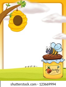 Illustration of a honey bee and a bottle in a beautiful nature