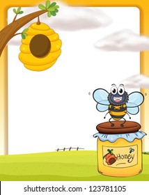 Illustration von Honigbienen und -flaschen in schöner Natur