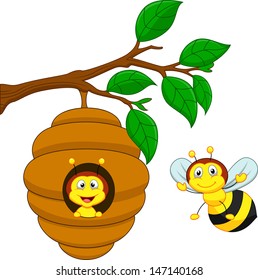 Illustration of a honey bee and comb