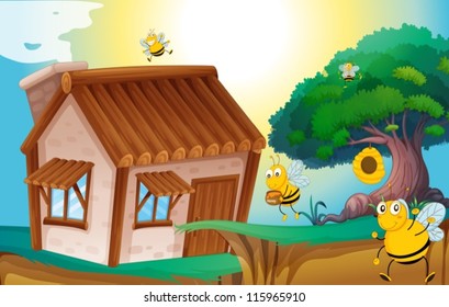 illustration of a honey bee and a house in a beautiful nature