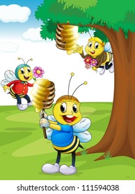 illustration of a honey bees with honey under a tree