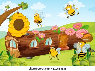 illustration of honey bees and wooden house