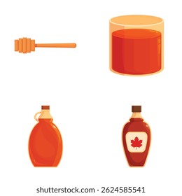 Illustration of a honey dipper, honey jar, and maple syrup bottles with a leaf label