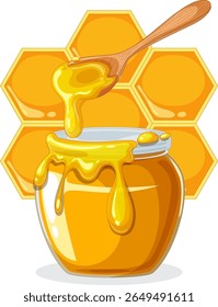 Illustration of honey jar and dripping honey spoon