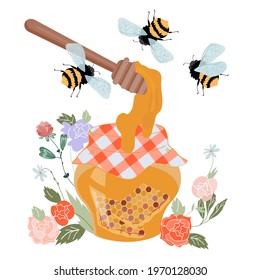 Illustration of honey jar with flowers and bees, flat vector isolated on white background. Flower honey dripping from jar and bee. Emblem for beekeeping and apiary.