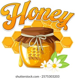 Illustration of honey jar with honeycomb and flowers