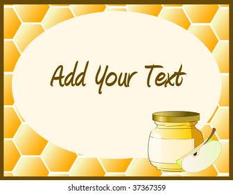 Illustration of a Honey jar with a piece of green apple on a honeycomb background with oval center for text or greeting for Rosh hashana Jewish holiday