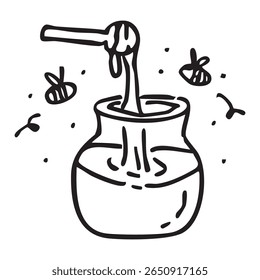 Illustration of a honey jar with a honey scoop and flying bees. Hand drawn line art. Black and white vector style.