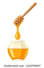 Illustration of honey jar with stick. Image for food and agricultural industry.