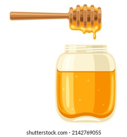 Illustration of honey jar with stick. Image for food and agricultural industry.