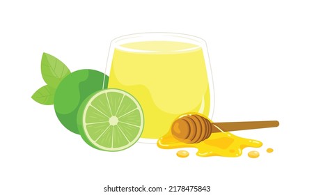 Illustration of honey lemon juice with wooden honey stick dipper and sliced lime. Healthy beverage help sore throat. Sour and sweet drink. 