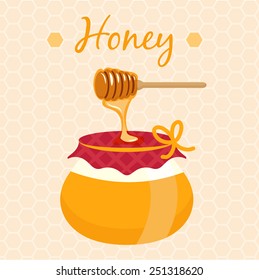 Illustration of honey pot and honey dipper. Vector